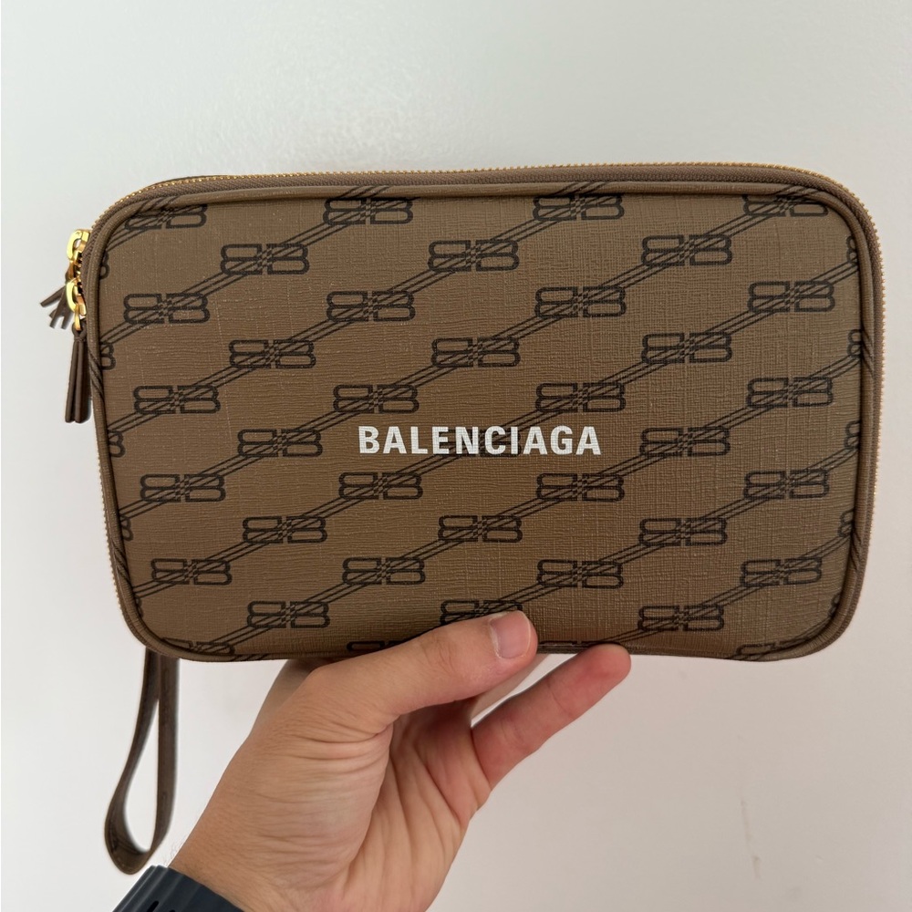 Balenciaga Tan Logo Toiletry Bag